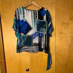 Chico's Blue/green/black/white graphic top with side tie, size M (Chico's sz. 1)